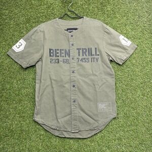 BEEN TRILL Shirt Mens Medium Green Button Up Short Sleeve Streetwear 13 Patch